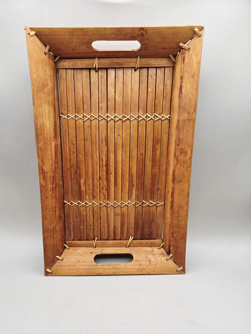 Vintage Bamboo Wooden Serving Tray with Woven Slat Base